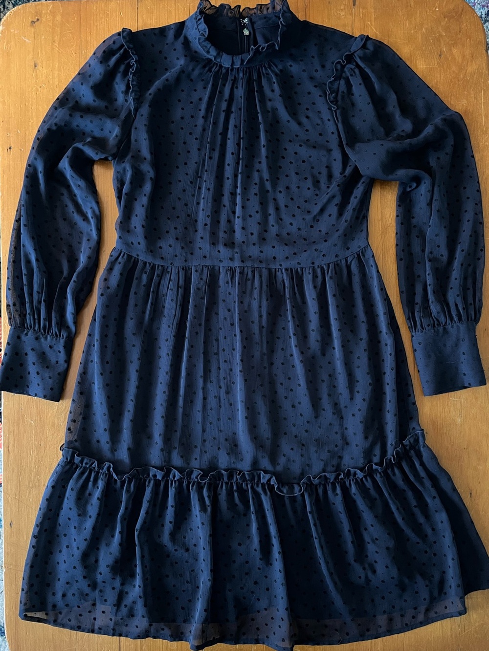 Tommy Hilfiger Long-Sleeve High-Neck Flocked-Polkadot Navy Blue A-Line Dress